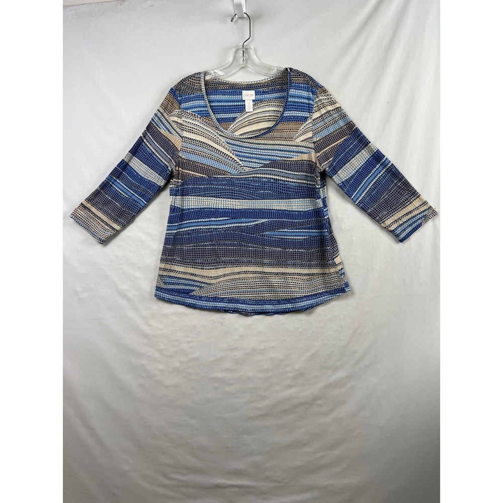 Chico's Top Women Size 2 Blue Tan Geometric Mosaic 3/4 Sleeve Scoop Neck Knit